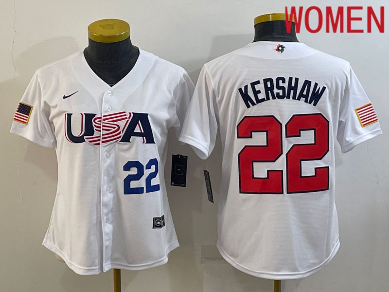 Women 2023 World Cub USA #22 Kershaw White Nike MLB Jersey4